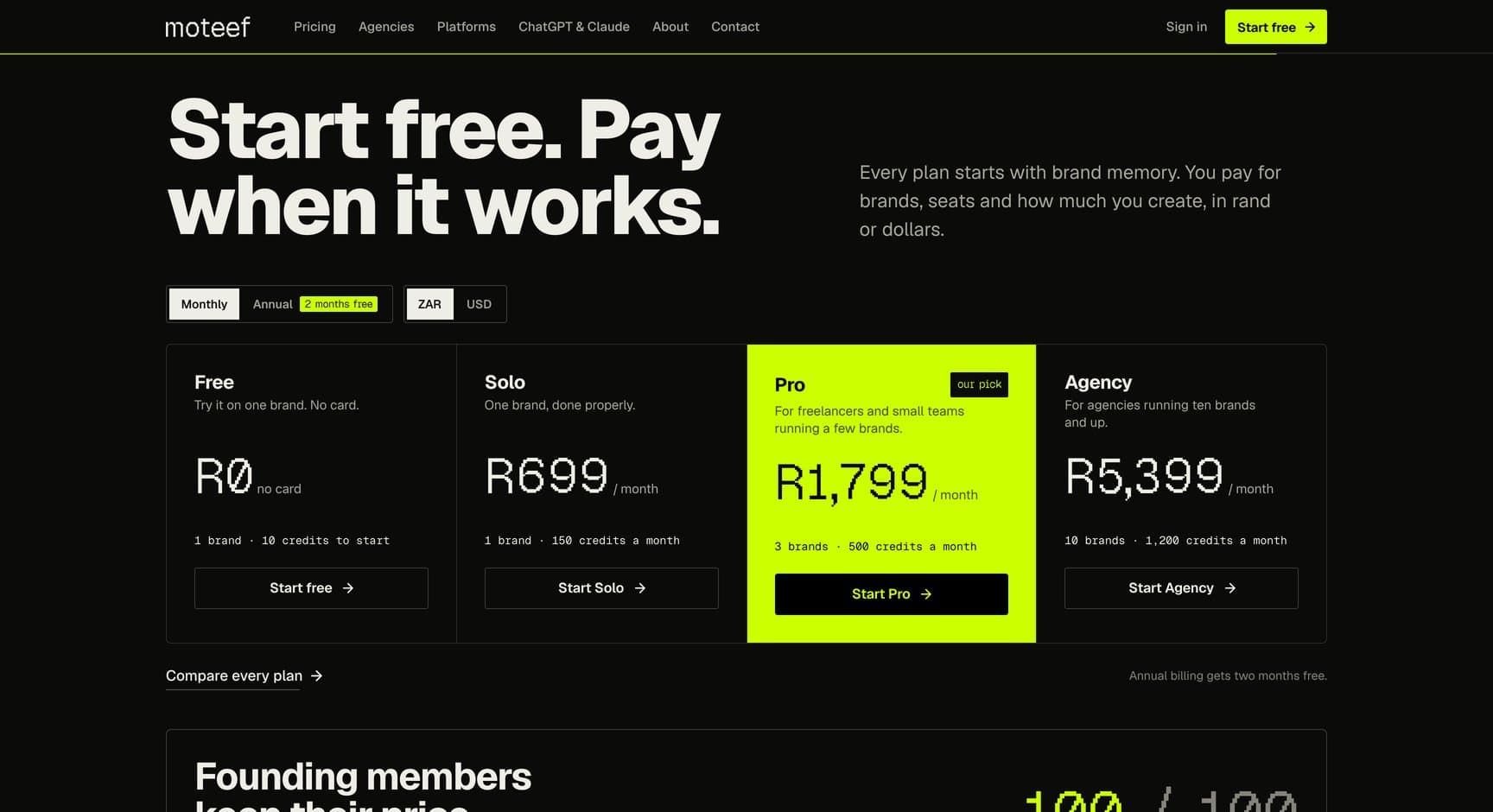 Moteef, screen: Plans and pricing (close-up)
