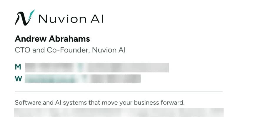 Nuvion AI email signature, andrew abrahams, contact details hidden