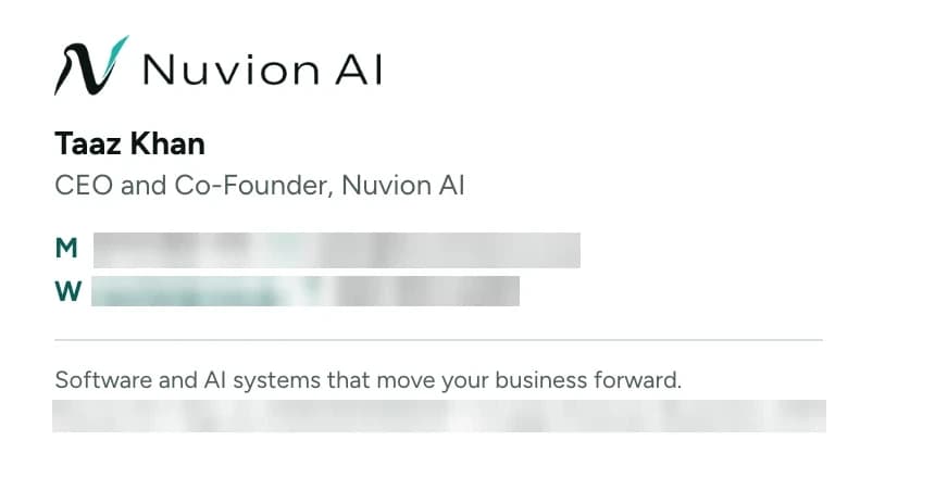 Nuvion AI email signature, taaz khan, contact details hidden