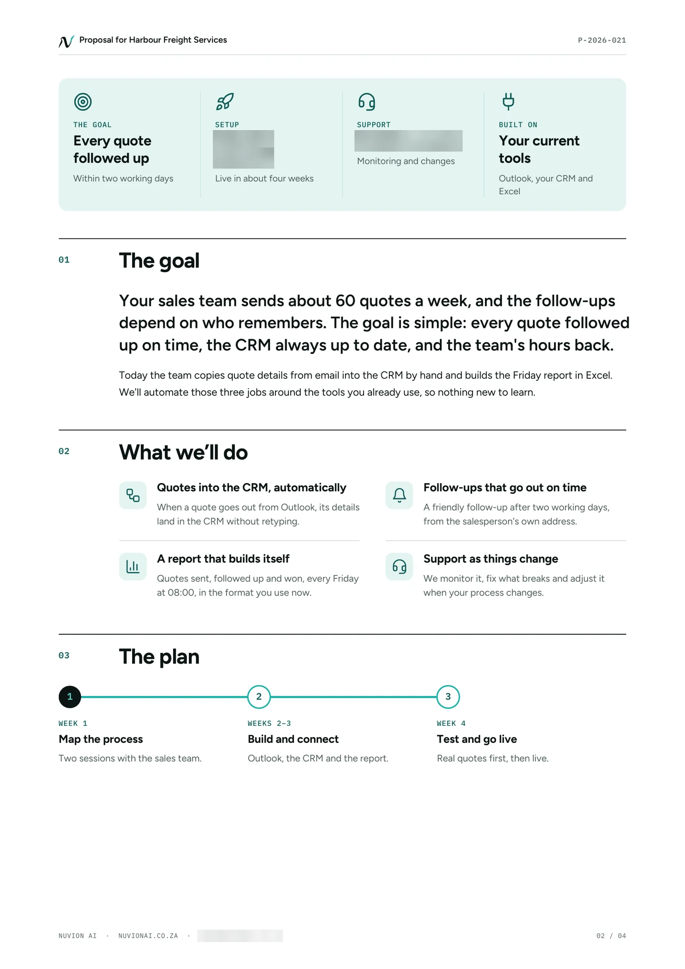 Nuvion AI proposal, page two, an example for a fictional client