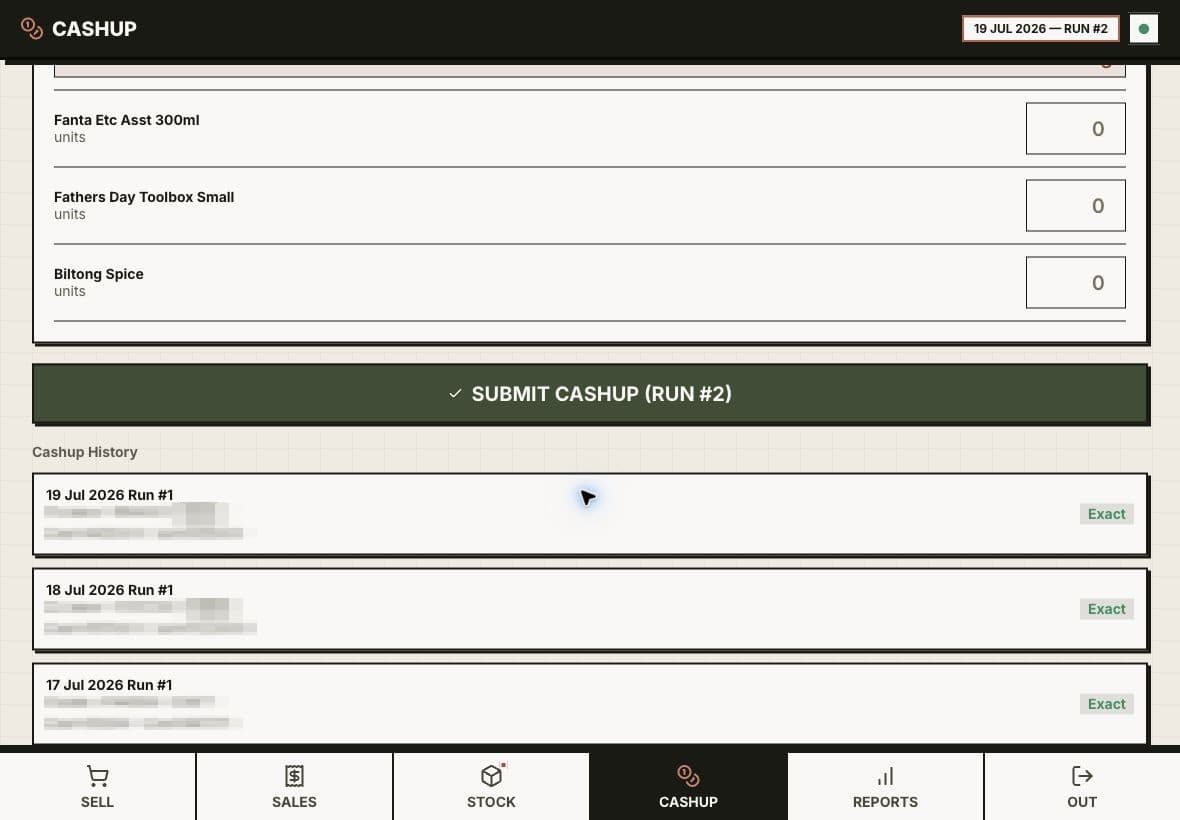Custom Point of Sale, tablet screen: Cash-up history