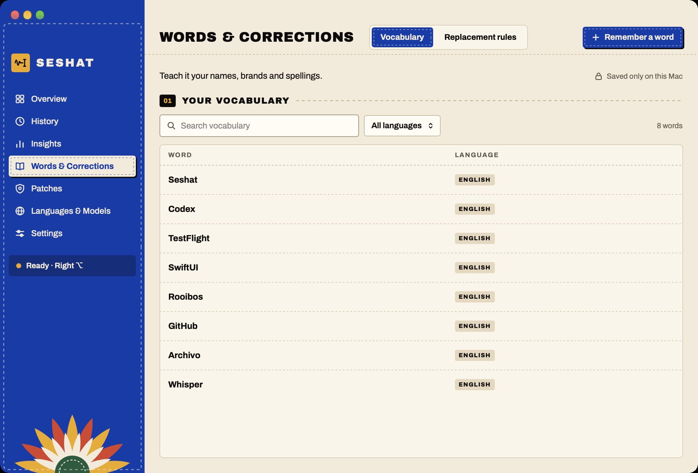 Seshat, screen: Words and corrections