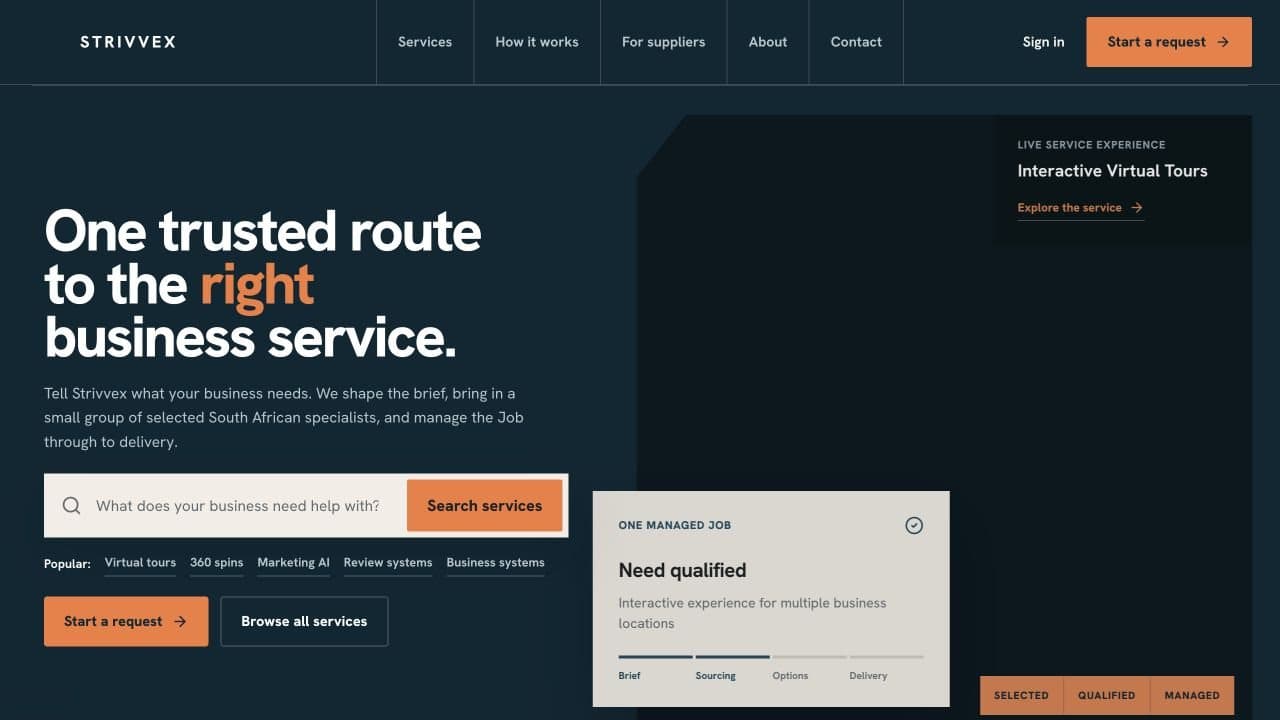 Strivvex, screen: The marketplace front door