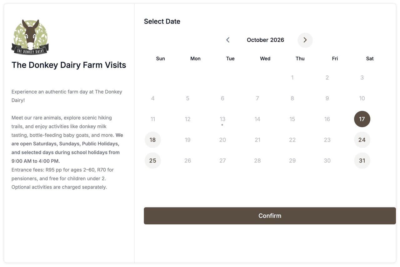 Open days only, recorded on thedonkeydairy.com