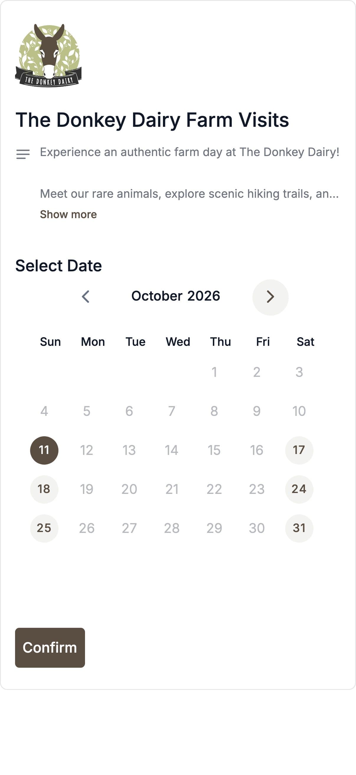 The Donkey Dairy, phone screen: Booking on a phone