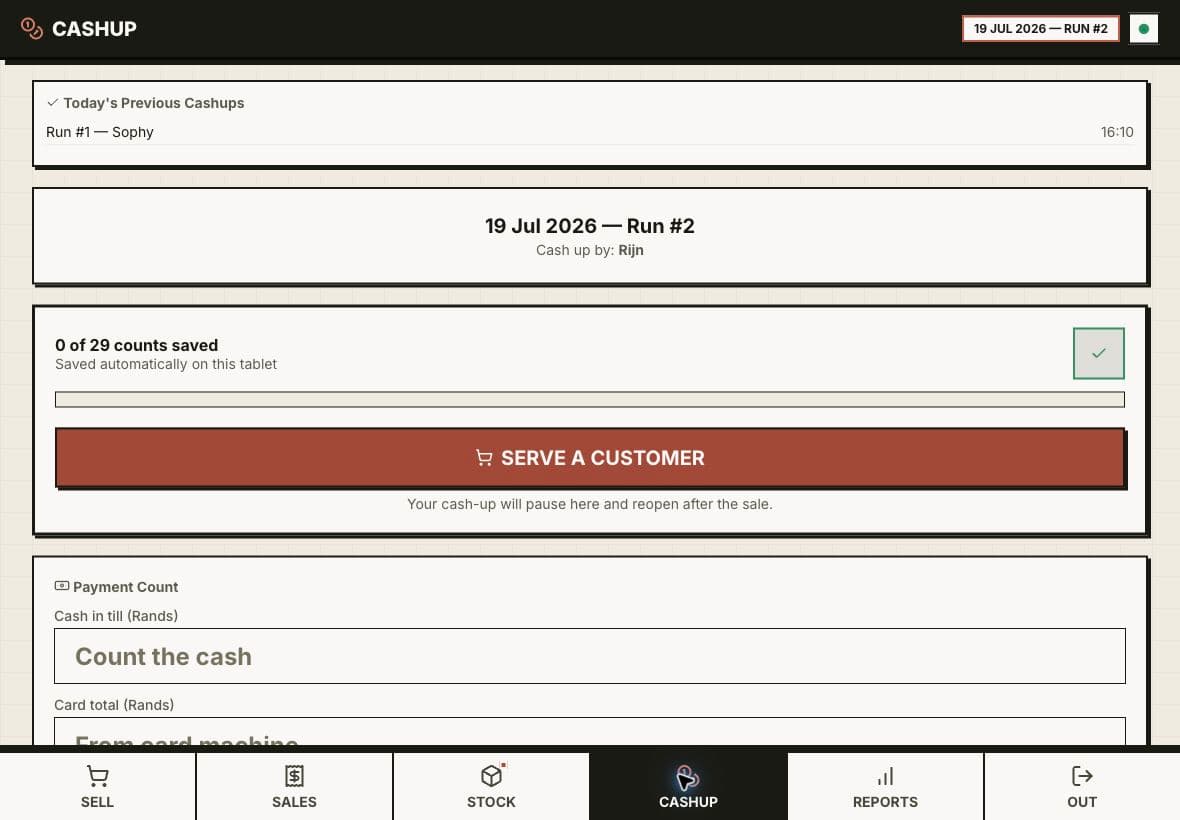 Custom Point of Sale system — Cash-up workflow