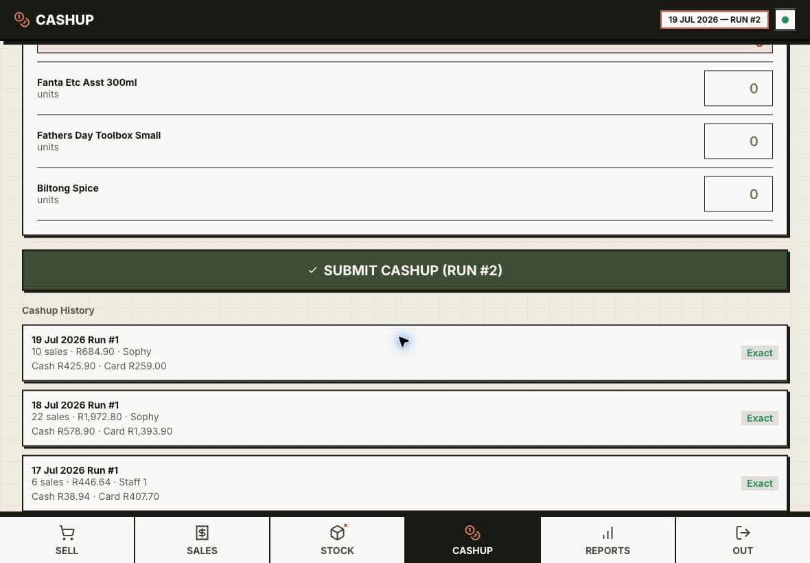 Custom Point of Sale system — Cash-up history