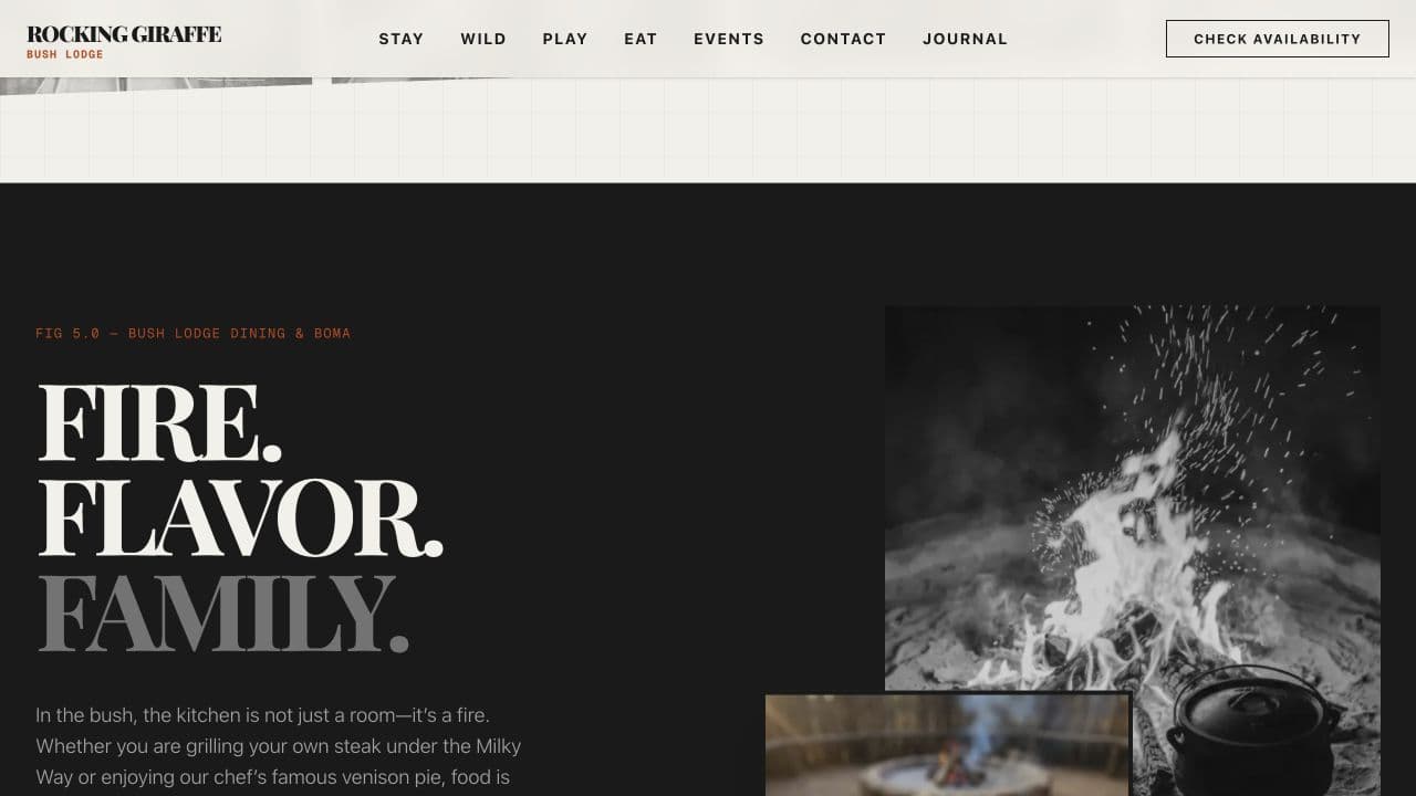 Rocking Giraffe Bush Lodge website — Fire, flavour, family