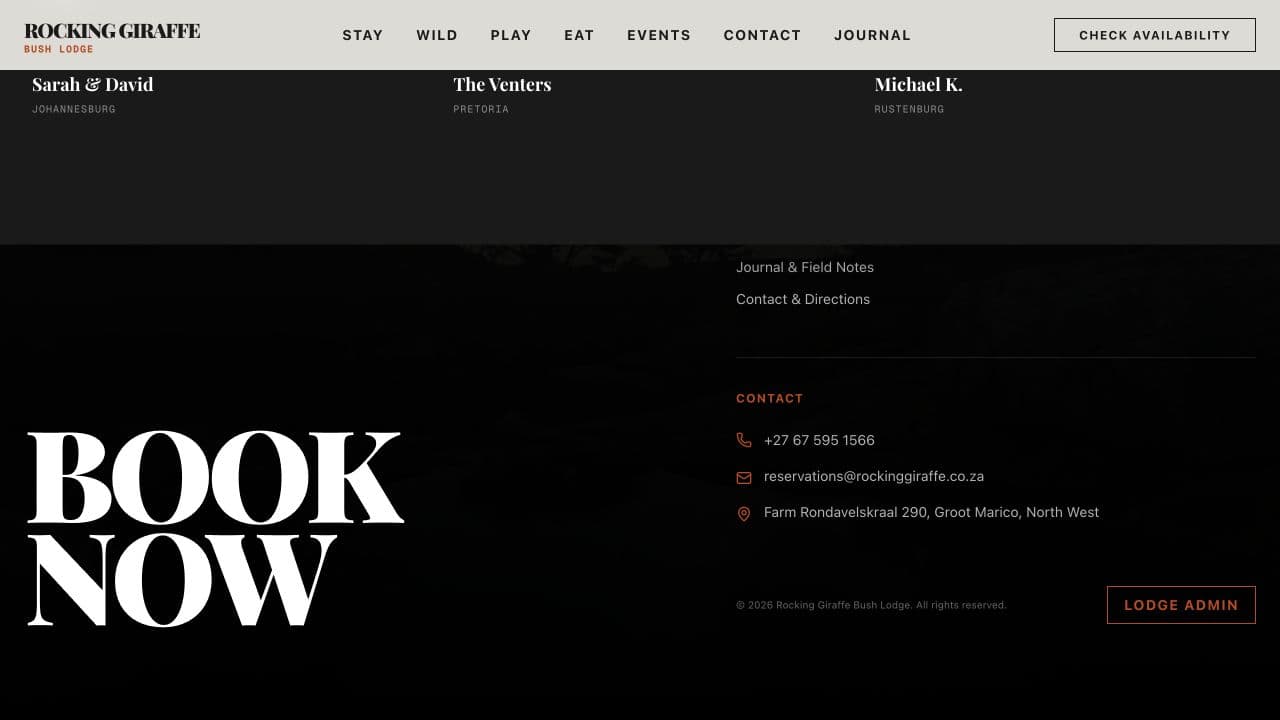 Rocking Giraffe Bush Lodge website — Booking close