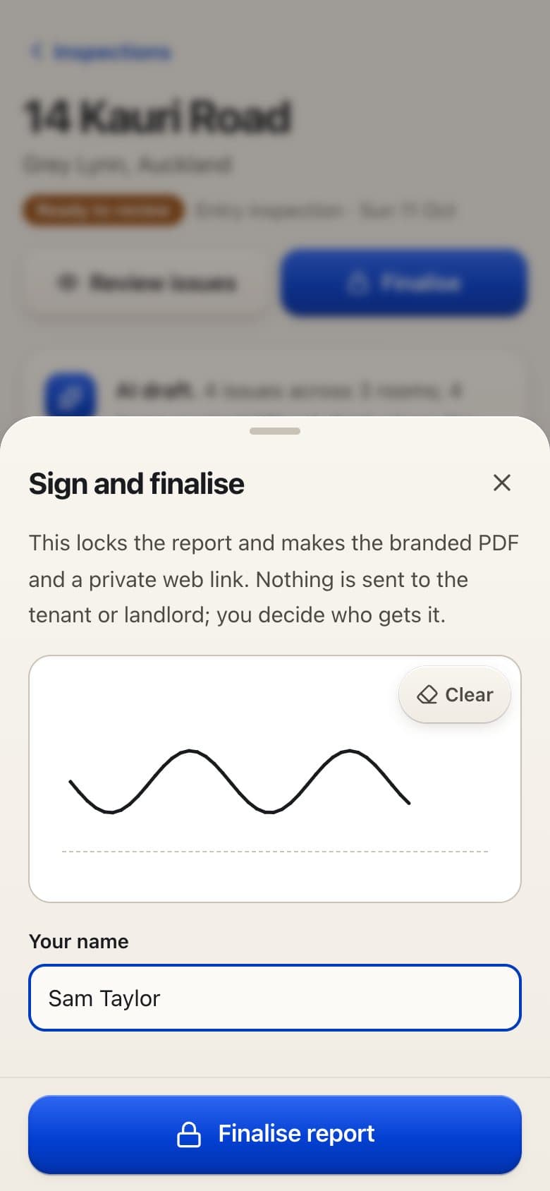 Roomwise, phone screen: Sign and finalise