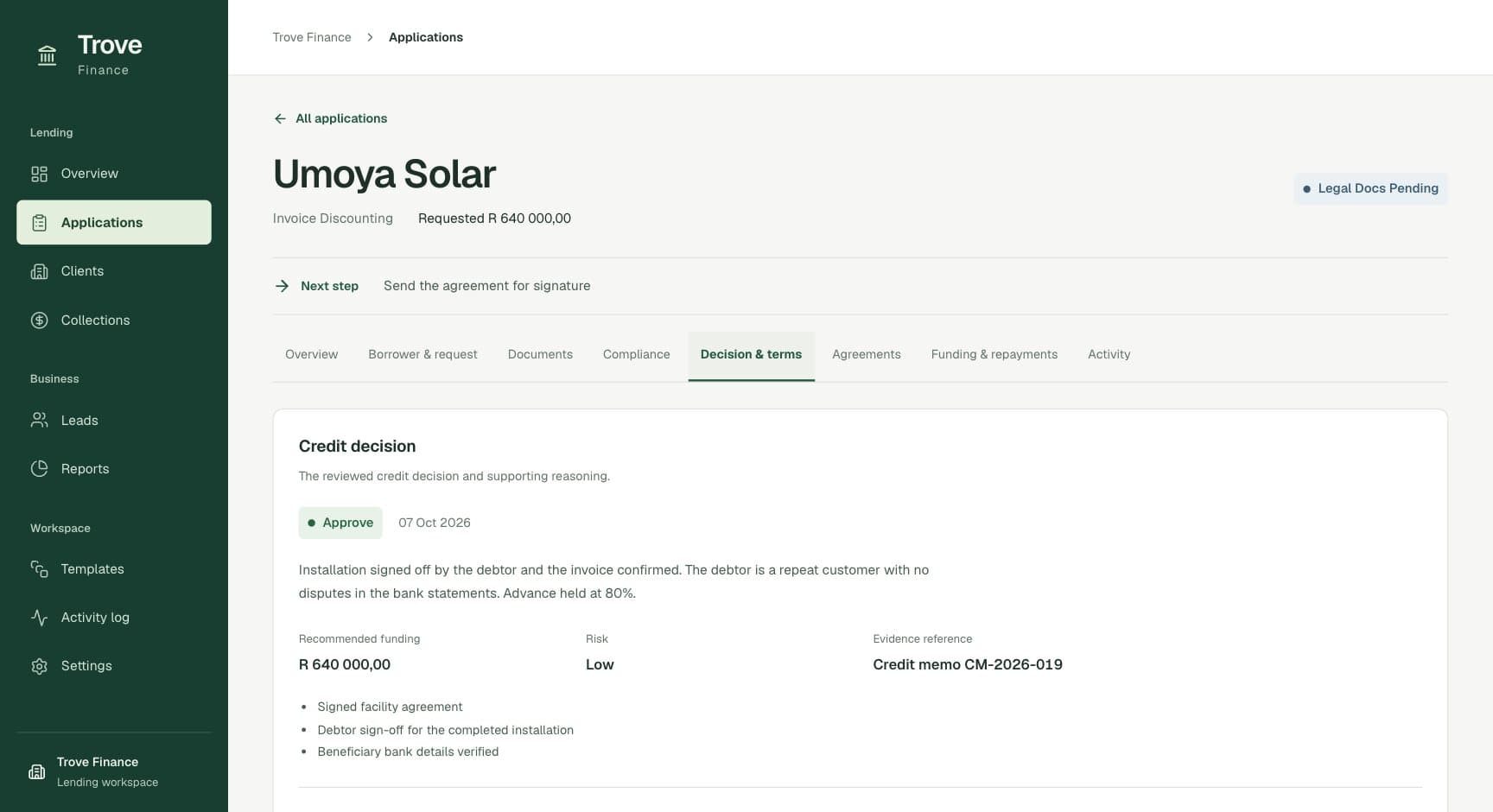 Trove Finance, screen: Credit decision