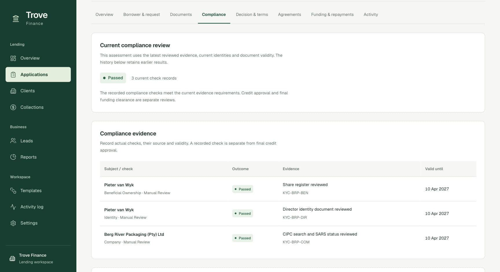Trove Finance, screen: Compliance evidence