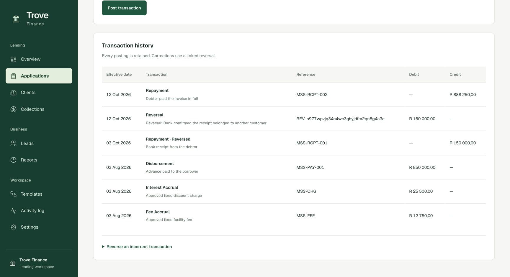 Trove Finance, screen: Transaction history