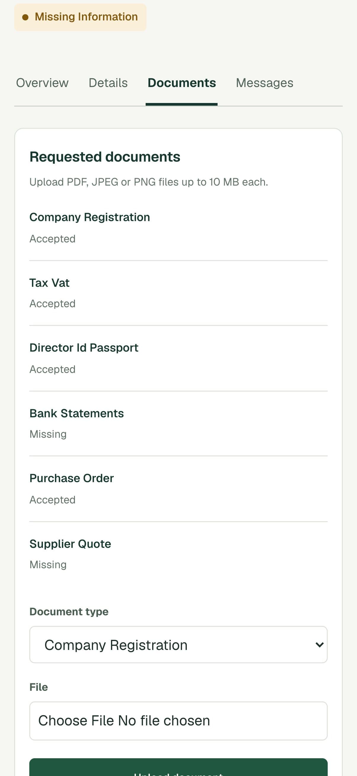 Trove Finance, phone screen: Requested documents