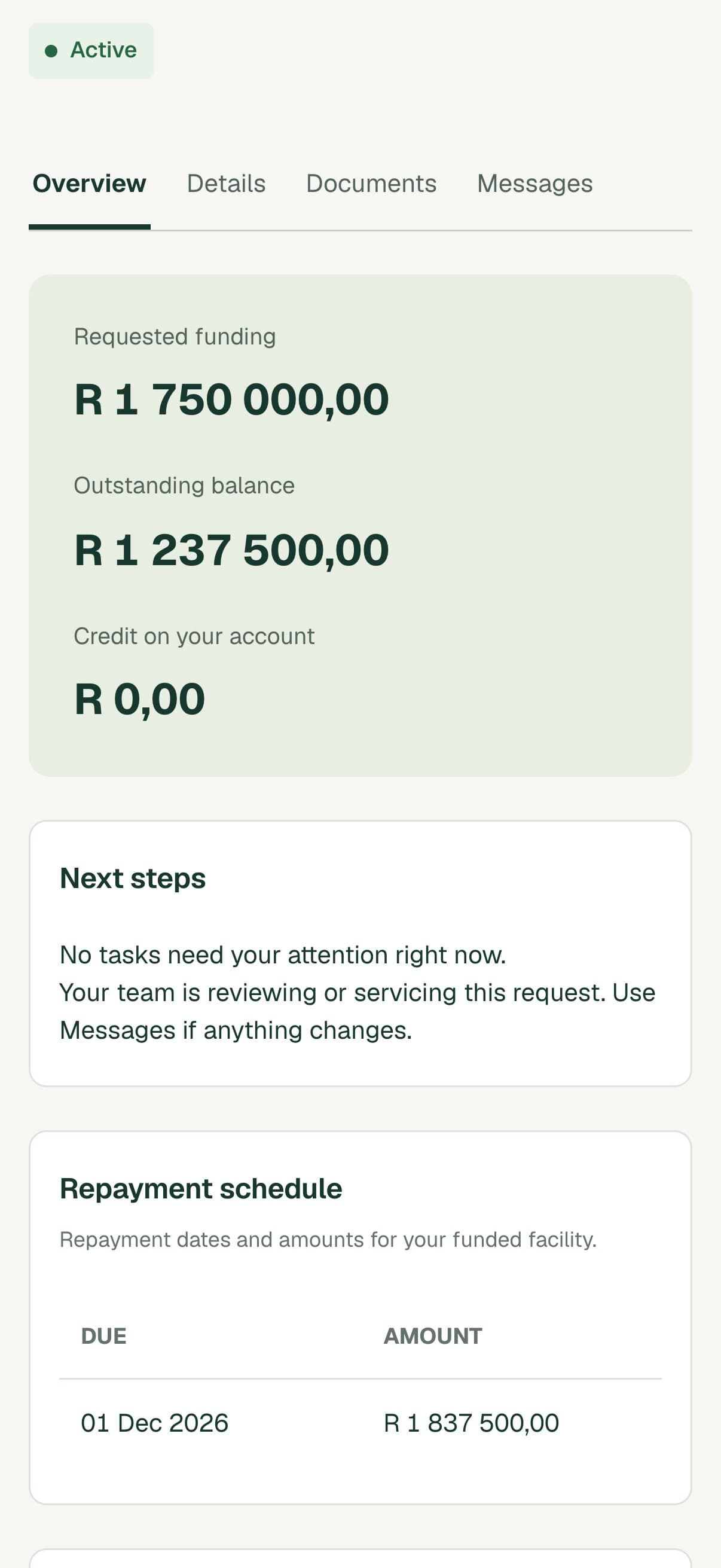 Trove Finance, phone screen: Funded and repaying